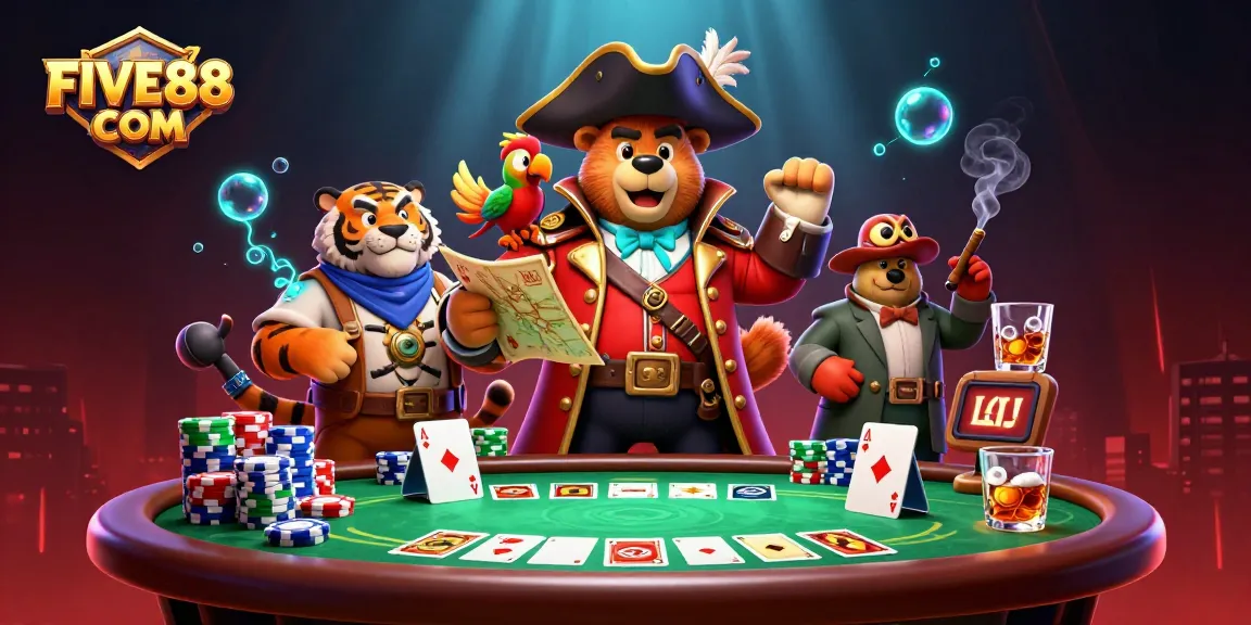 Engage with FIVE88 COM's thrilling poker scene featuring vibrant characters and game elements.