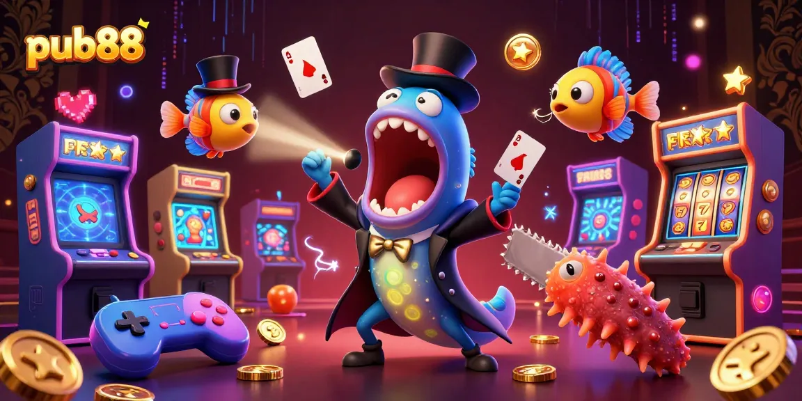 Navigate exciting games at pub88 while a bioluminescent eel performs magical card tricks.