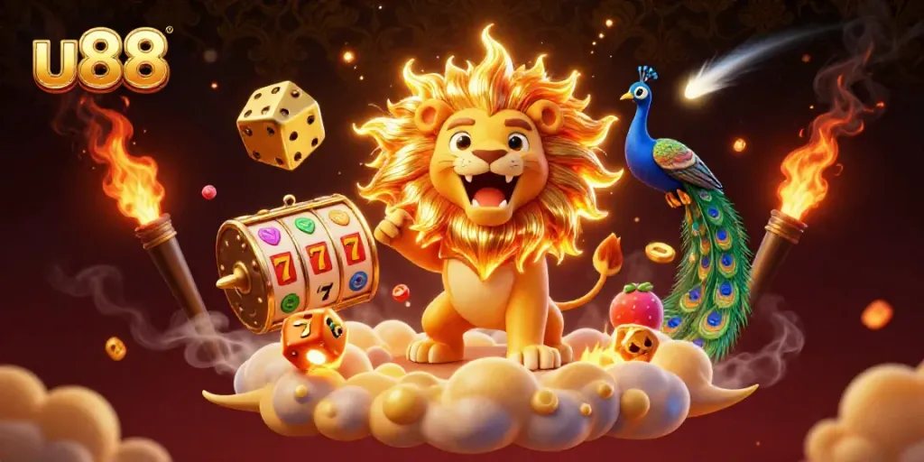 Experience thrilling gameplay at u88 with a roaring sun lion, golden dice, and vibrant casino elements.