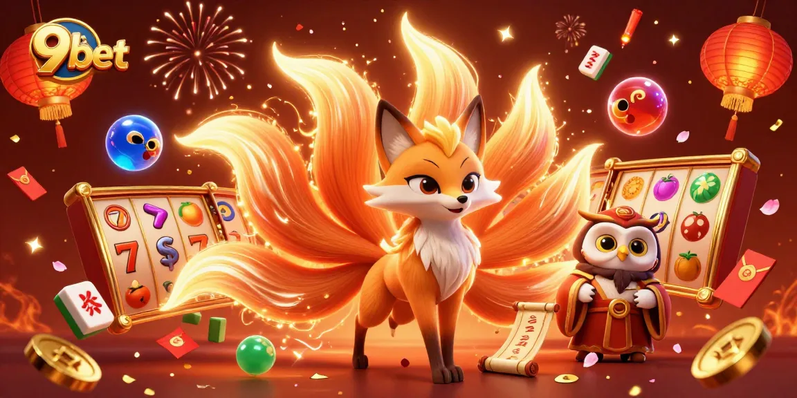 Delight in the exciting world of 9bet with this vibrant casino scene featuring a nine-tailed fox spirit.