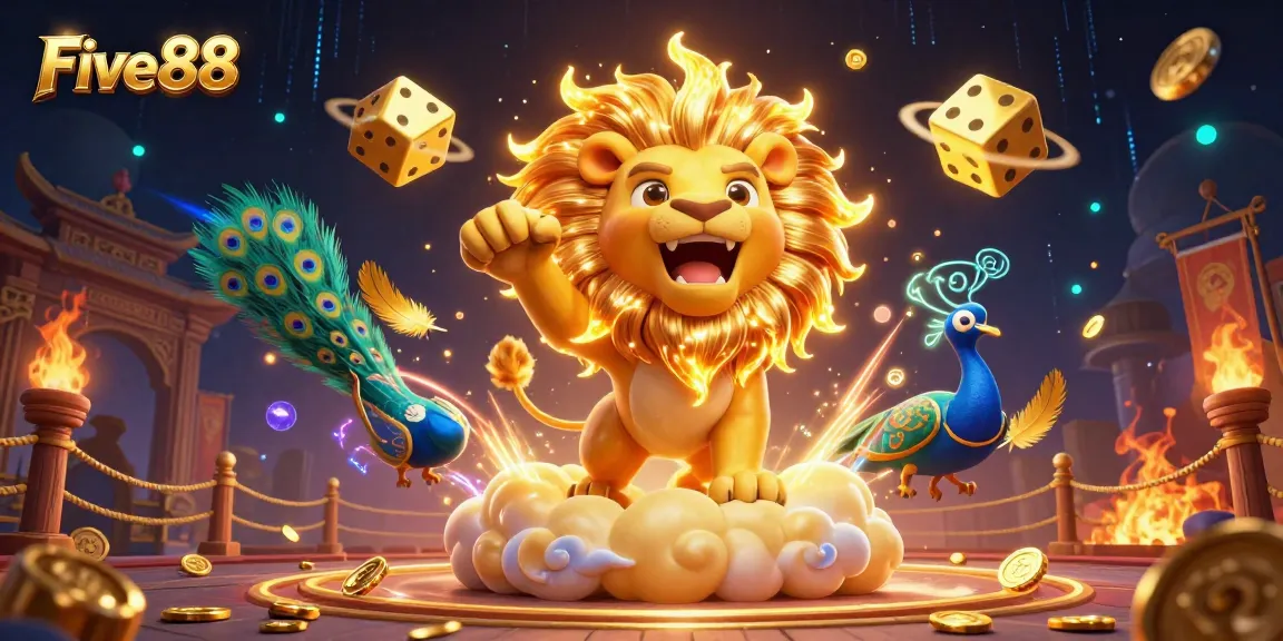 Experience Five88 excitement with a roaring lion, cosmic dice, and vivid 3D casino elements.