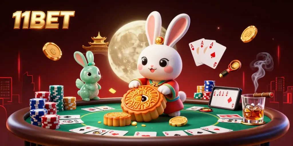 Experience 11BET thrills with a vibrant casino-themed 3D scene featuring playful characters and gaming elements.