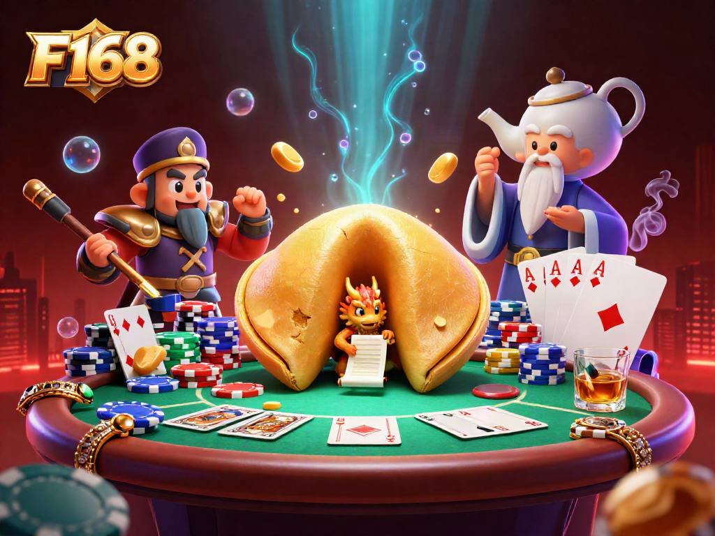 Engage with F168's vibrant casino atmosphere illustrated by a golden fortune cookie and wise dragon guarding poker elements.