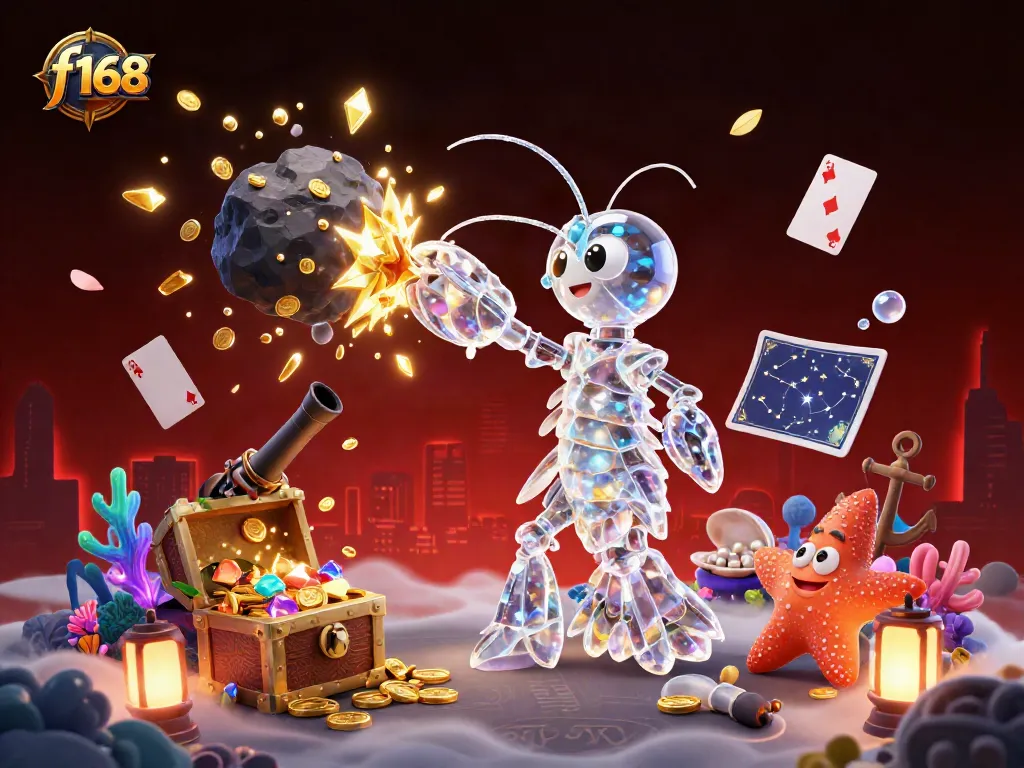 Experience the excitement at f168 with a vibrant underwater gambling-themed illustration featuring a heroic shrimp.