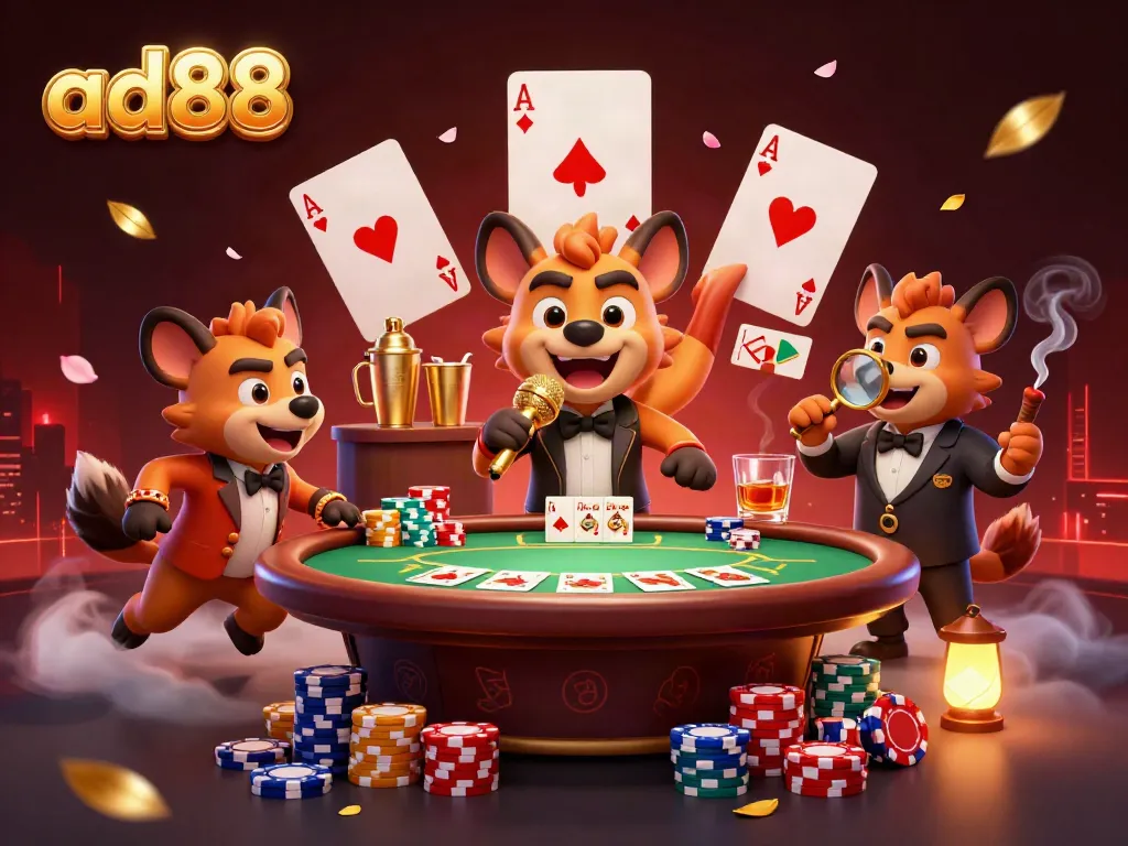 Experience the vibrant world of ad88 as hyenas entertain in a dynamic casino scene.