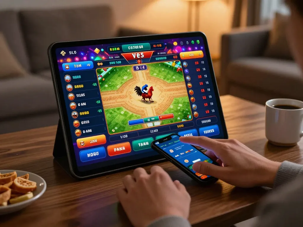 Placing bets on dagago mobile app with live odds displayed during a cockfight event.