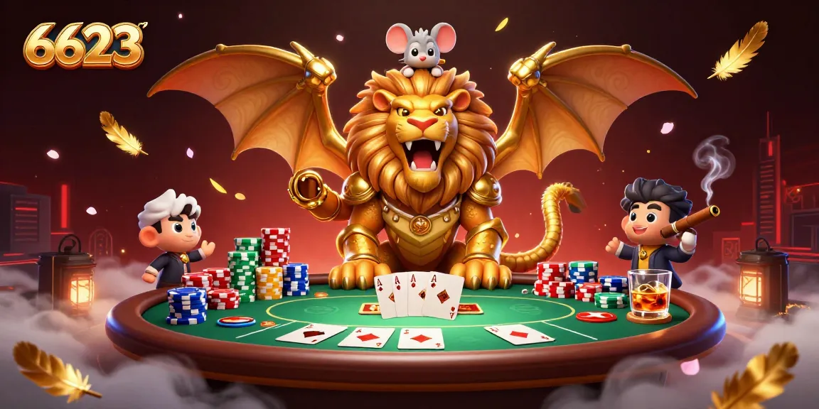 Engage in exhilarating poker at 6623, where a triumphant chimera and mouse jockey set the scene.