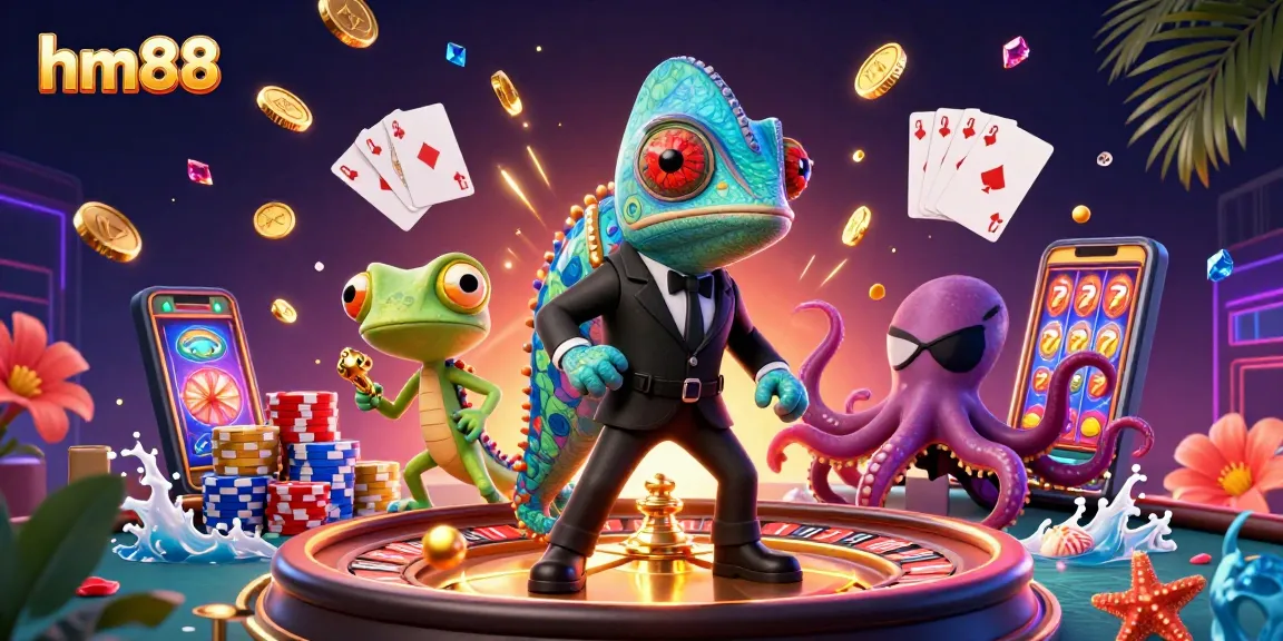Win big at hm88 casino with a thrilling scene of vibrant characters and exciting game elements.