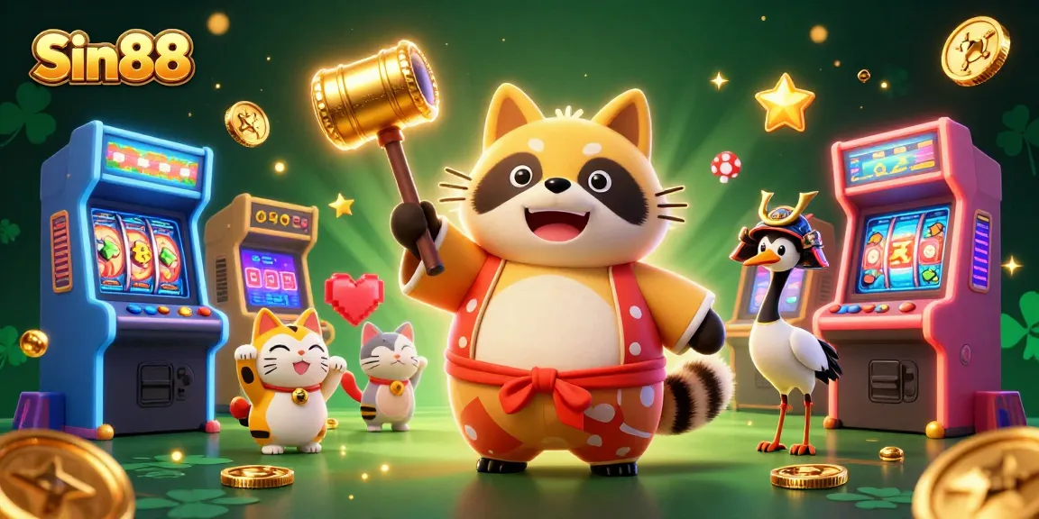 Sin88 gameplay features a cheerful raccoon dog with lucky symbols amidst colorful casino elements.