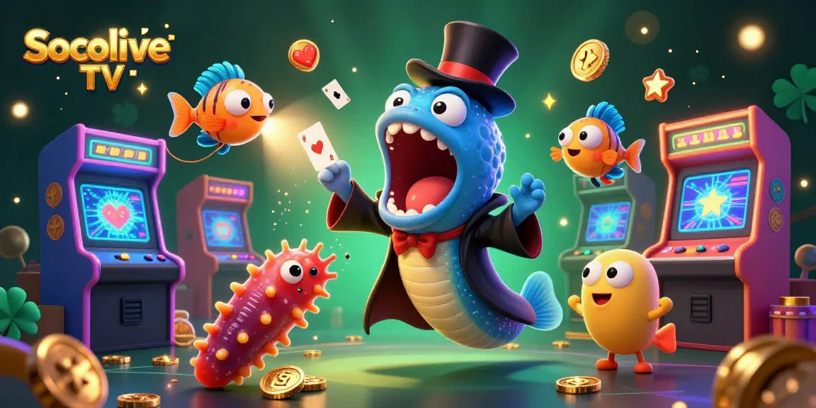 Socolive TV brings unmatched excitement as a deep-sea gulper eel performs card tricks amidst vibrant gaming elements.