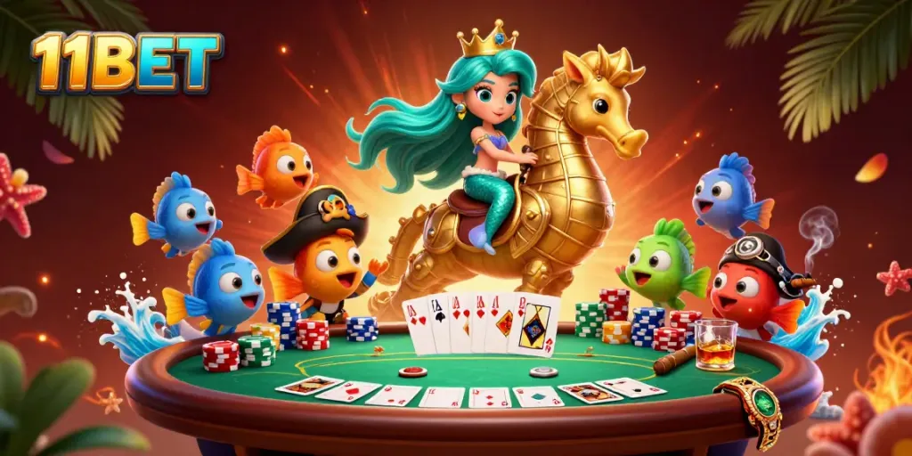 Play thrilling games with 11BET in this vibrant 3D cartoon casino illustration.