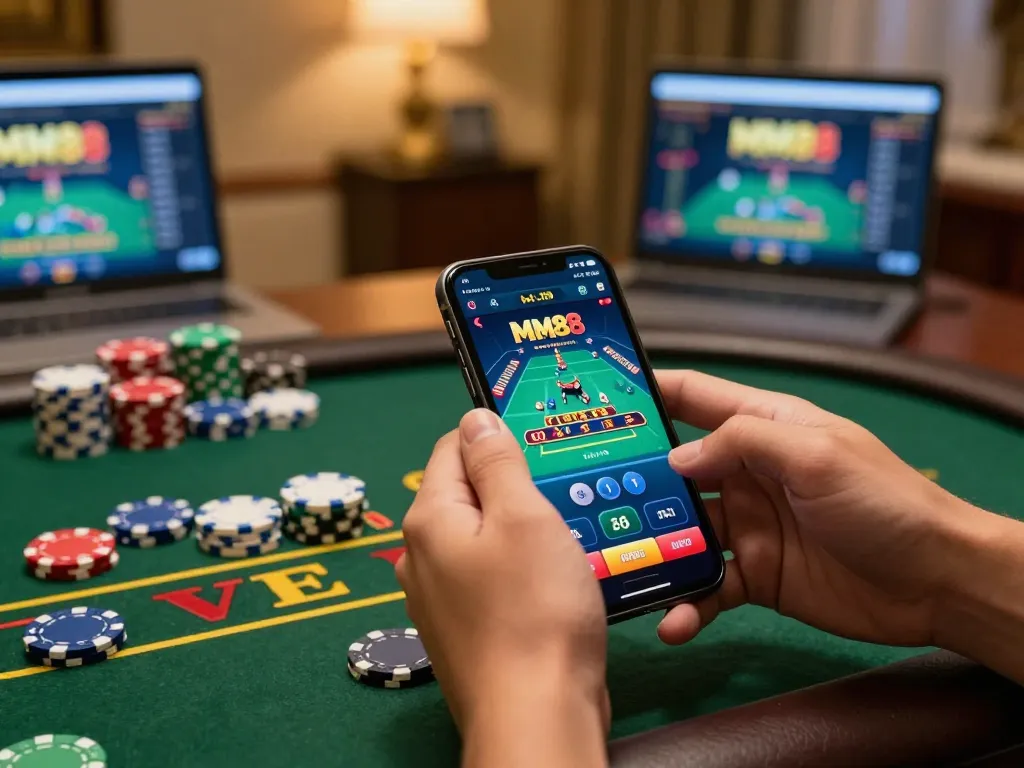 MM88 player strategizing on mobile app during online baccarat game, showcasing excitement and winning potential
