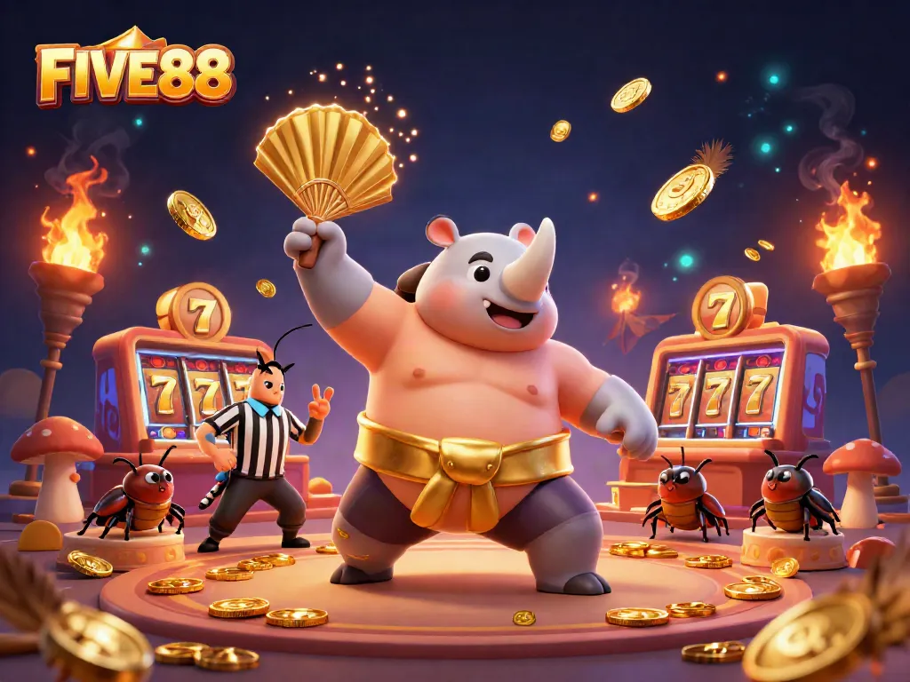 Experience the excitement of the FIVE88 casino with a sumo beetle champion amid golden coins and slot reels.