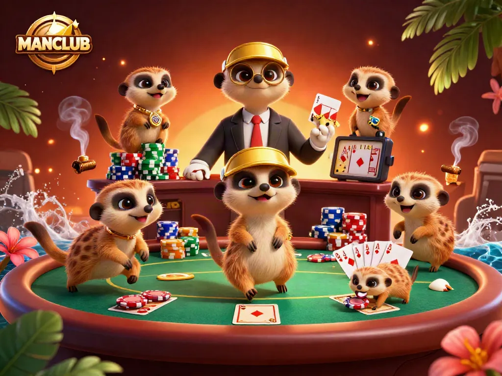 Engage with MANCLUB's 3D meerkats running a vibrant casino operation amidst colorful poker elements.