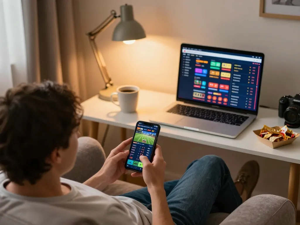 Engaged user placing bets on ee88go mobile app in a cozy home setting, enjoying responsible gambling.