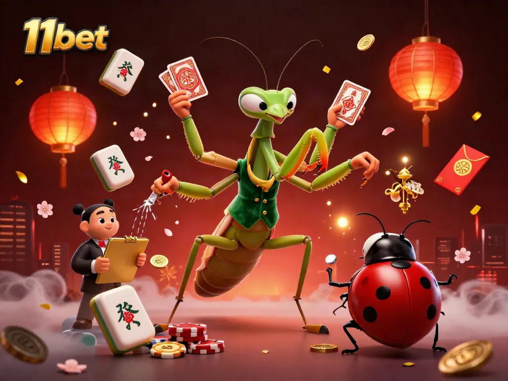 Engage with the dynamic gambling atmosphere of 11bet featuring a giant praying mantis card sharp and a ladybug pit boss.