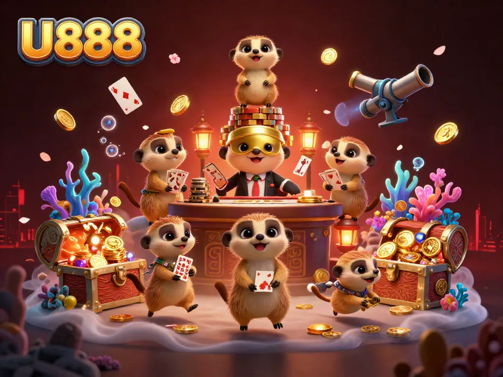 Experience U888's thrilling casino adventure with meerkats engaging in lively gaming activities amidst vibrant treasures.