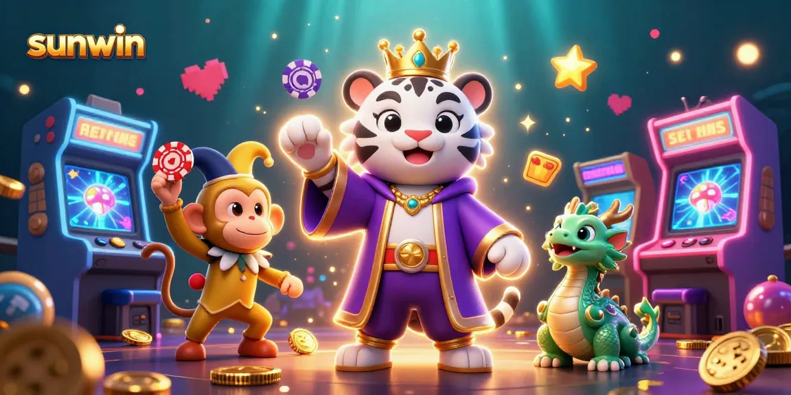 Win big at Sunwin with the vibrant 3D casino scene featuring playful characters and gaming elements.