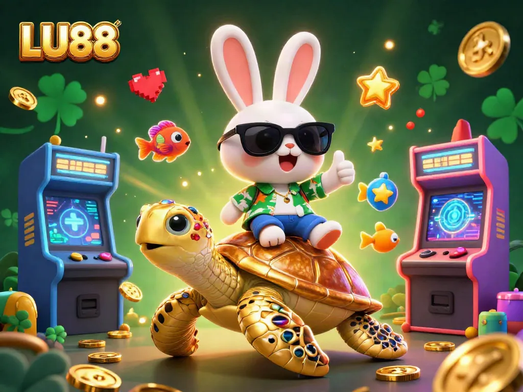 LU88 captures the excitement of gambling with a lucky rabbit and golden turtle in a vibrant casino-themed scene.