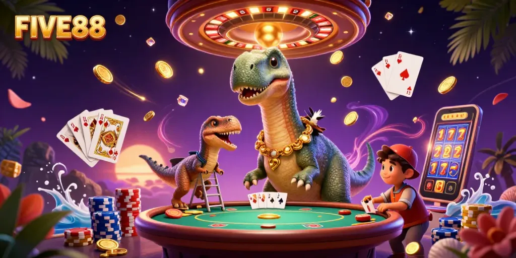 Play and win at FIVE88 with a thrilling scene filled with casino excitement and vibrant characters.