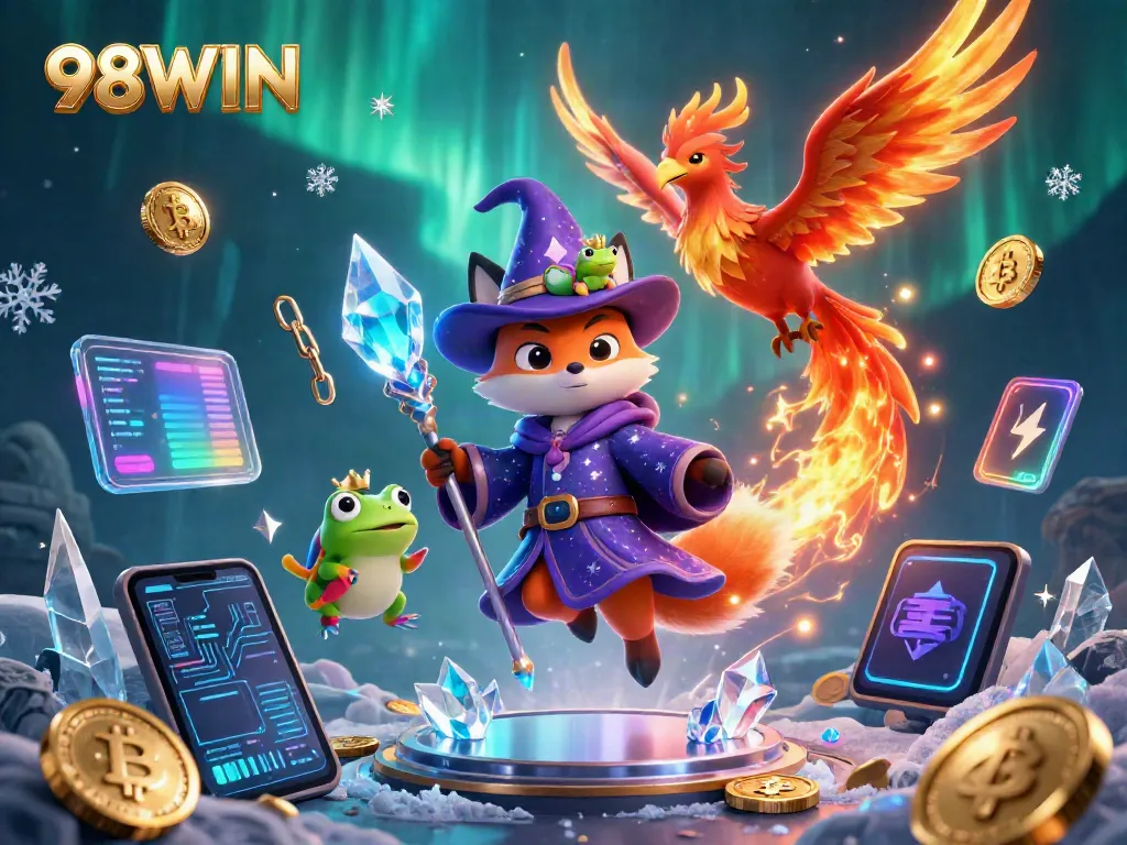 Experience exciting jackpots with 98WIN's vibrant casino illustration featuring magical characters and dynamic coin elements.