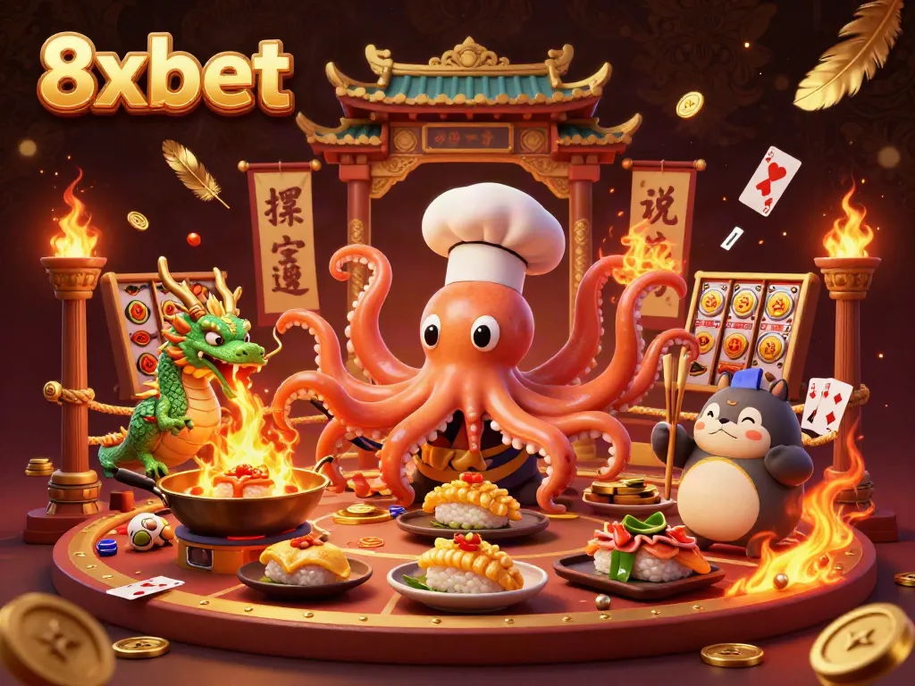 Experience thrilling gaming with 8xbet's vibrant 3D casino illustration featuring dynamic characters and rich visuals.