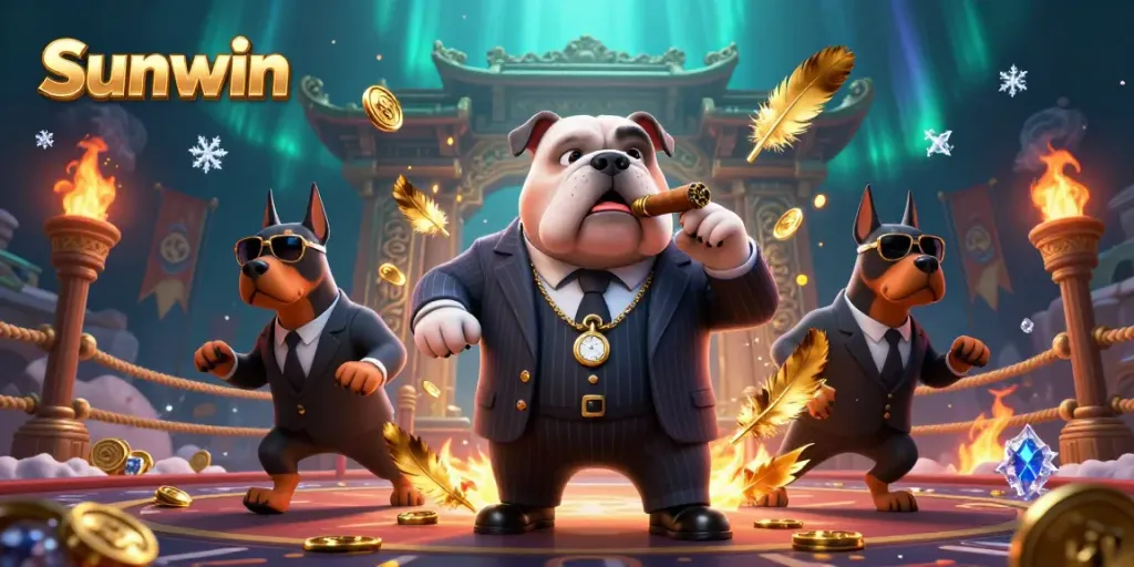 Engage with Sunwin's energetic casino scene featuring a mafia bulldog and two Doberman bodyguards.