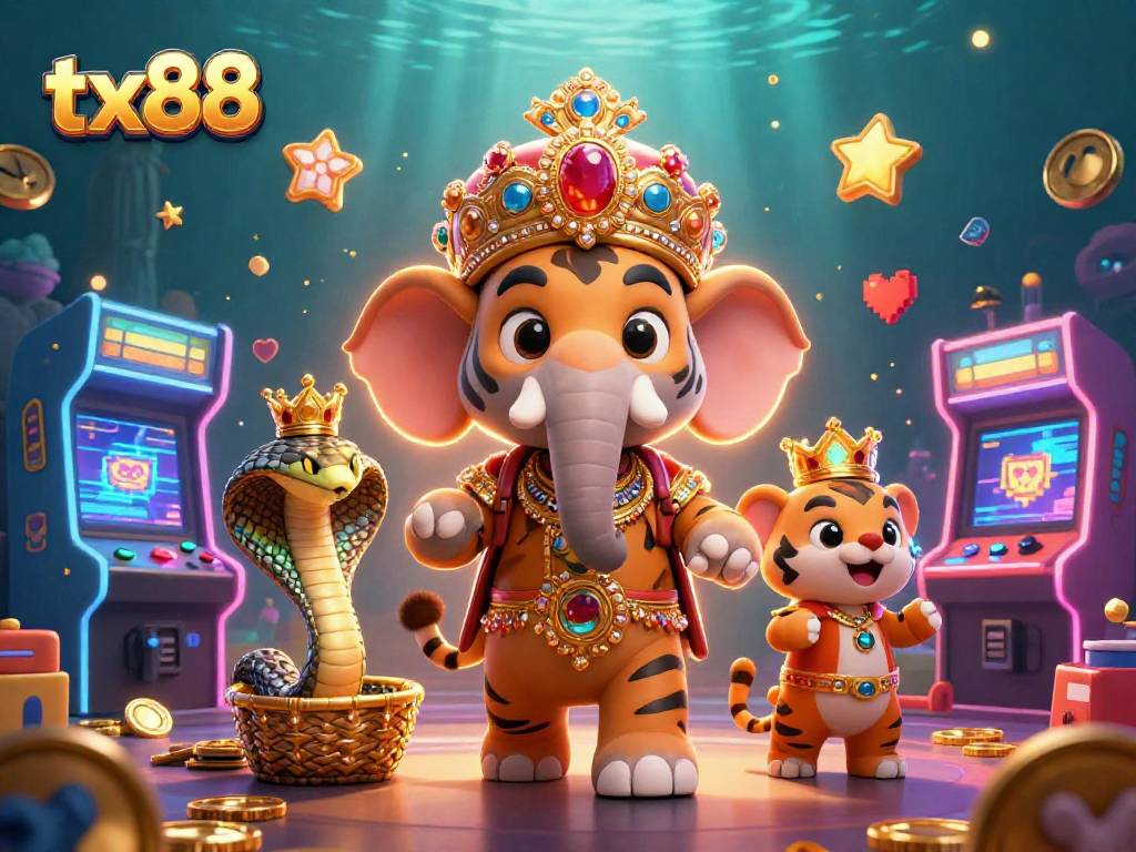 Engage with tx88's vibrant 3D casino scene featuring a royal tiger, jewel-encrusted elements, and arcade game excitement.