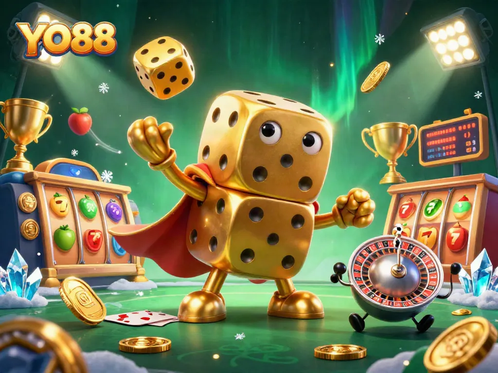 YO88 showcases a golden dice golem juggling coins and slot elements for an exciting casino experience.