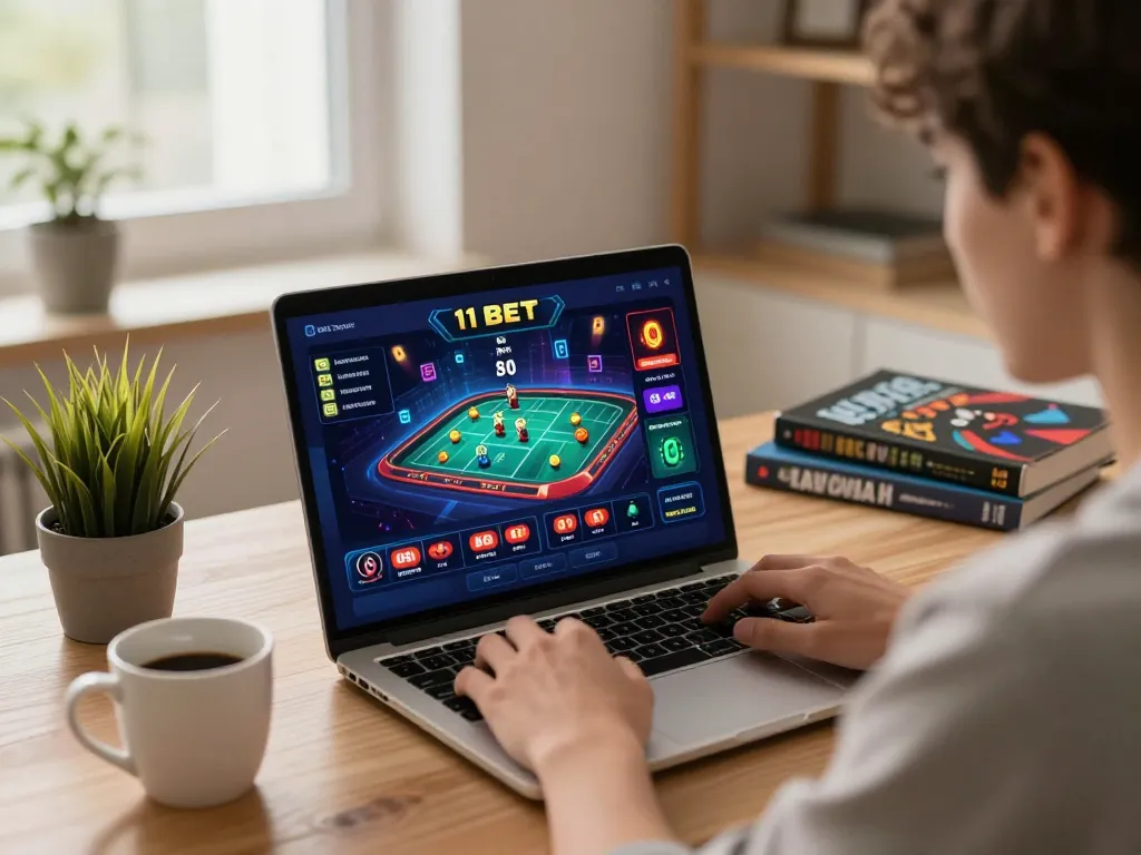 Engaging in strategic gameplay on 11 bet online casino interface with coffee and strategy books