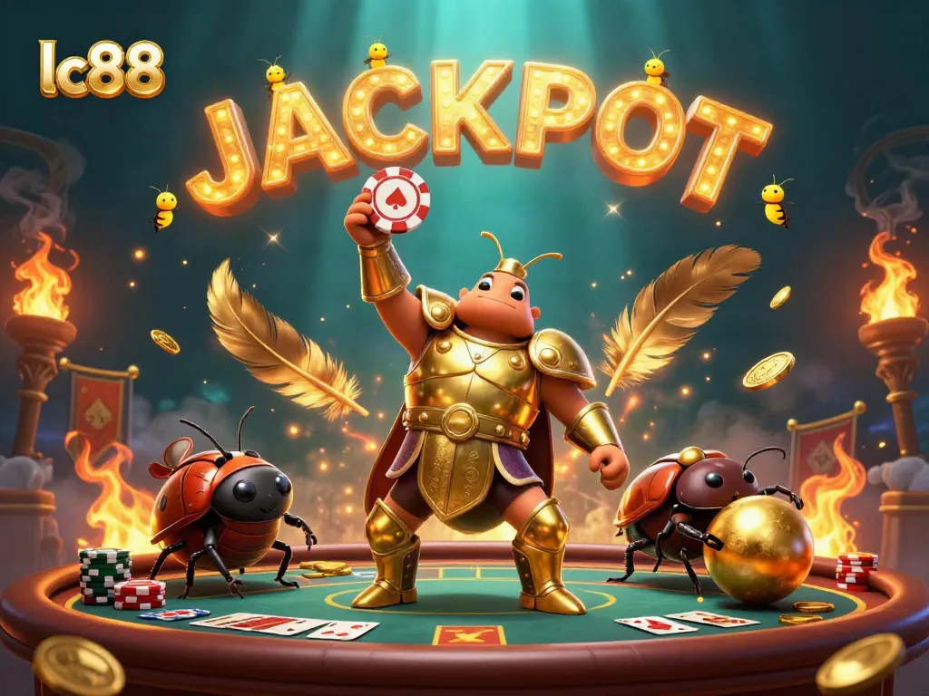 Join the excitement of lc88 with a victorious beetle champion lifting a poker chip!