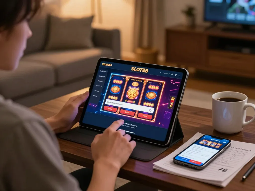 Pengguna terlibat di rumah menggunakan slot88 login di tablet, suasana permainan yang berwarna-warni dengan suasana yang nyaman.