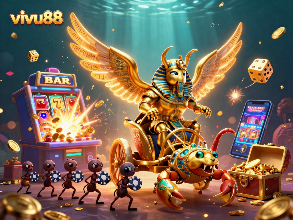 Experience thrilling gameplay at vivu88 with a vibrant casino scene featuring colorful slot machines and golden elements.