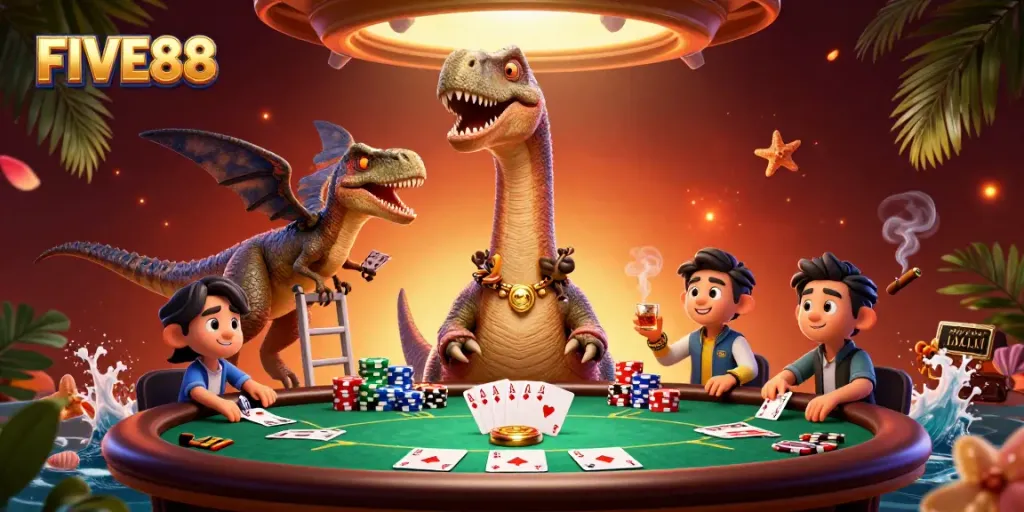 Experience the excitement of FIVE88 poker with a brontosaurus and clever raptor dealer.