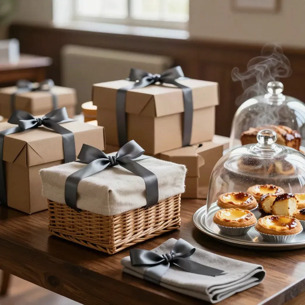 Donation boxes, baskets and cloche-covered bake trays on a walnut fundraising table.