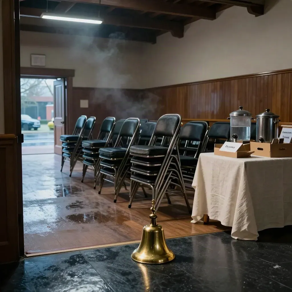 Empty Rotary service hall with chairs, bell, coffee urns and rainy doorway reflections
