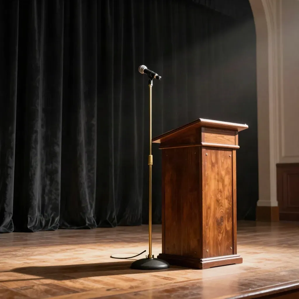 Empty speaker stage with mic stand, walnut lectern and warm spotlight in a dark hall.