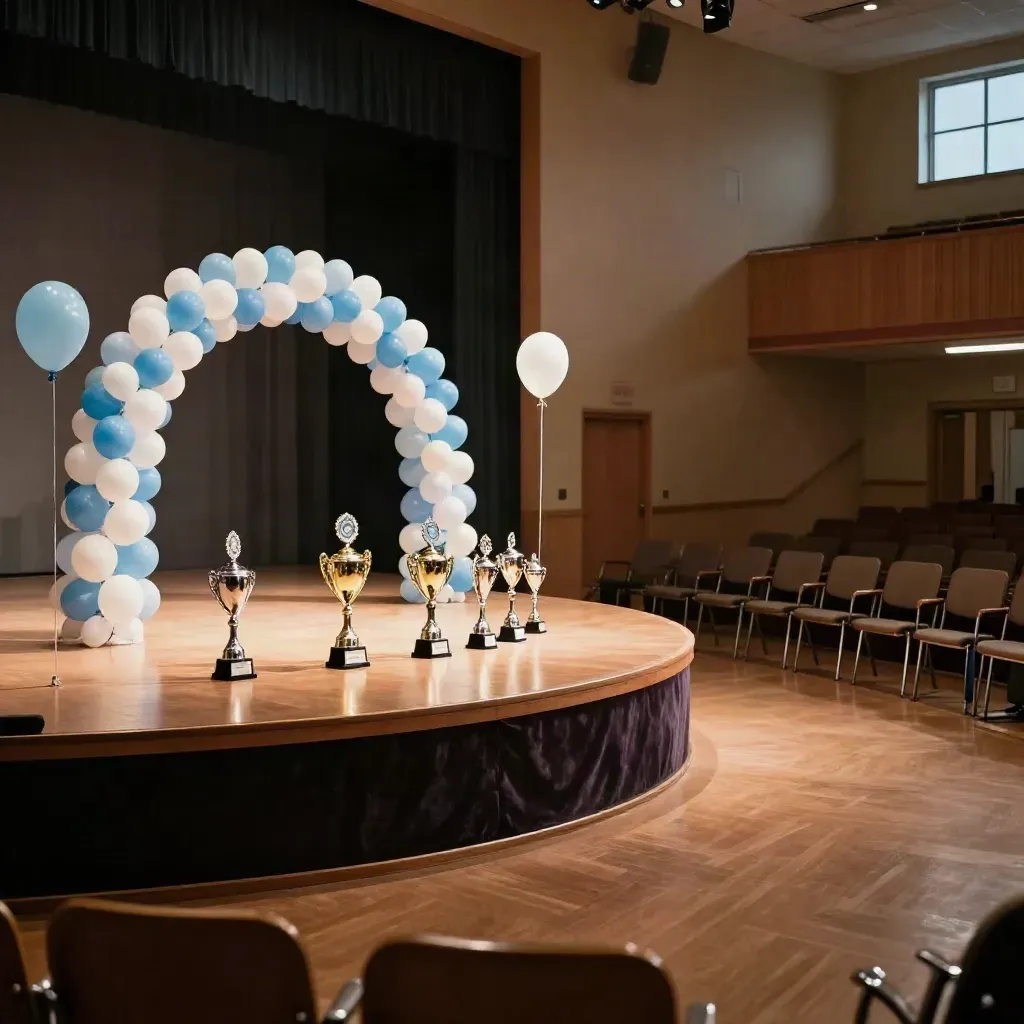 School auditorium awards stage with trophies, chairs, balloon arch and low podium