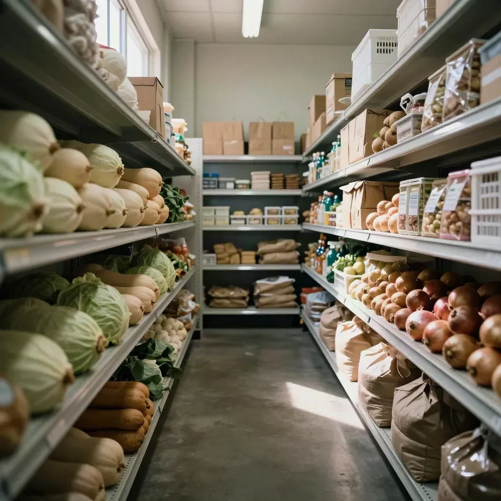 Filled food bank pantry aisle with stocked shelves of produce crates, paper sacks and dry goods.