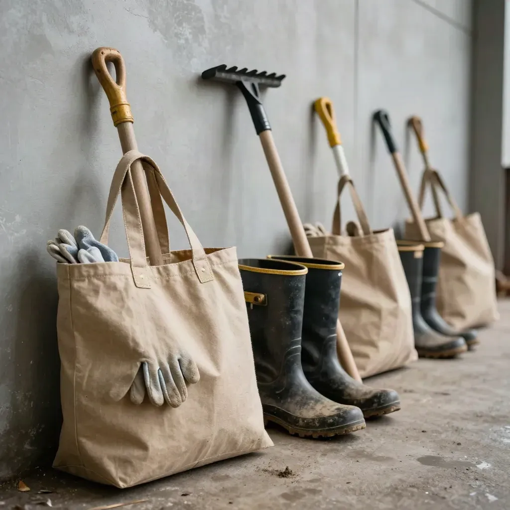 Outreach kits with boots, gloves, totes, and rakes lined up by a community wall in cool morning light.