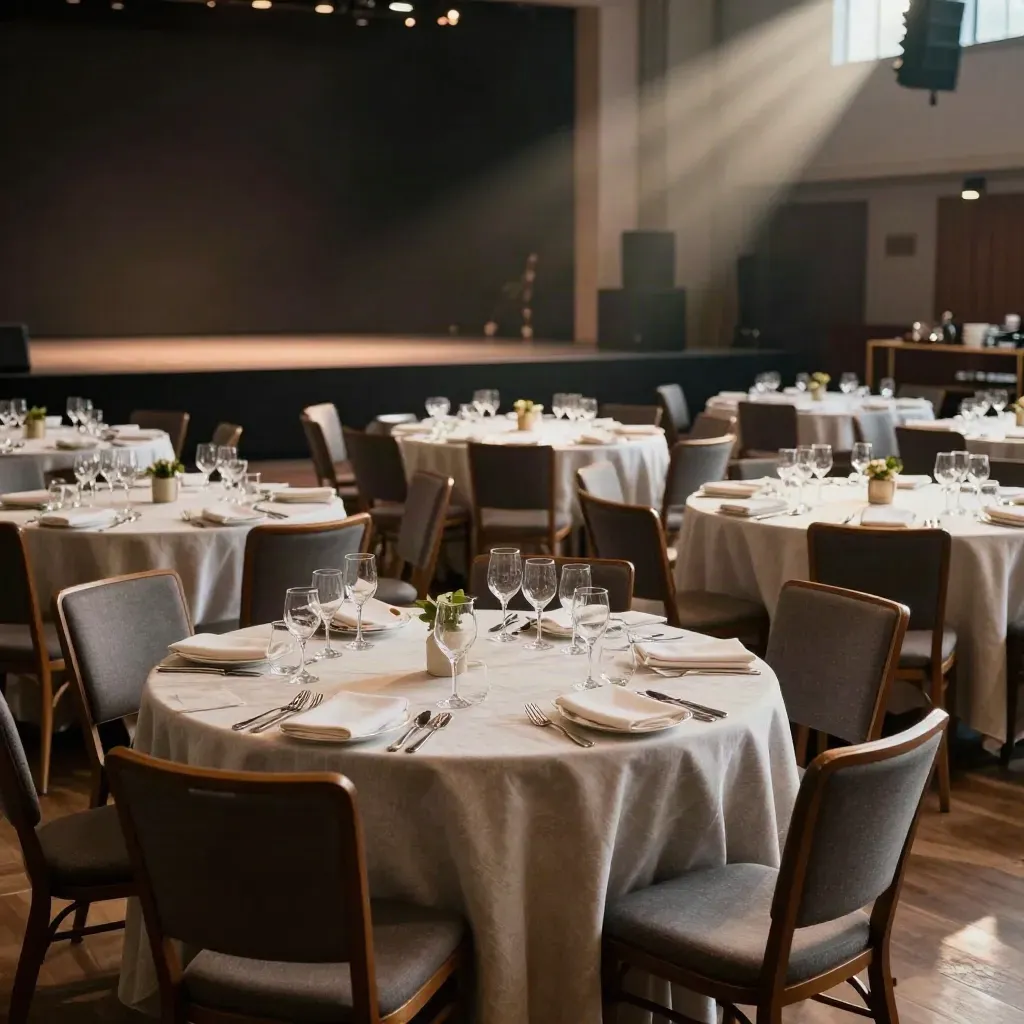 Empty Rotary dinner hall set for a packed speaker night, glowing stage and rows of chairs.