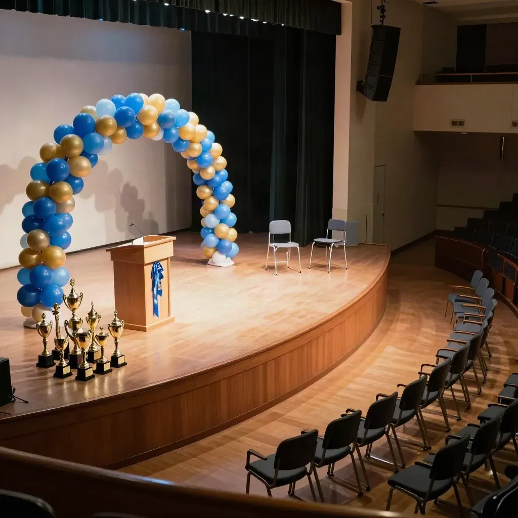 Empty school stage with trophies, balloon arch, podium and front-row chairs in a bright auditorium