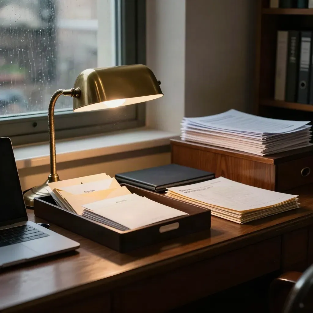 Quiet club mail-sorting station with envelopes, lamp, folders and laptop in warm office light.