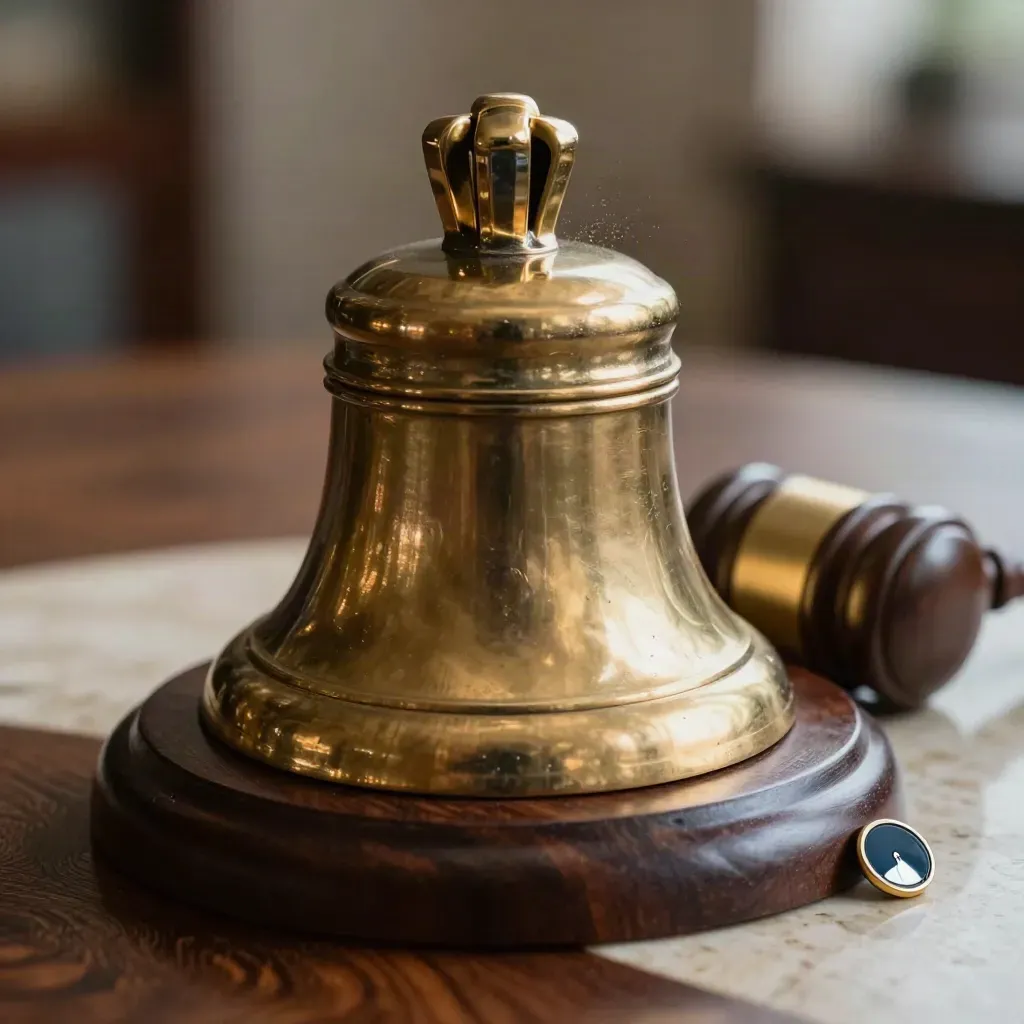 Brass club bell, walnut gavel, and enamel pin on a dark oak meeting dais.