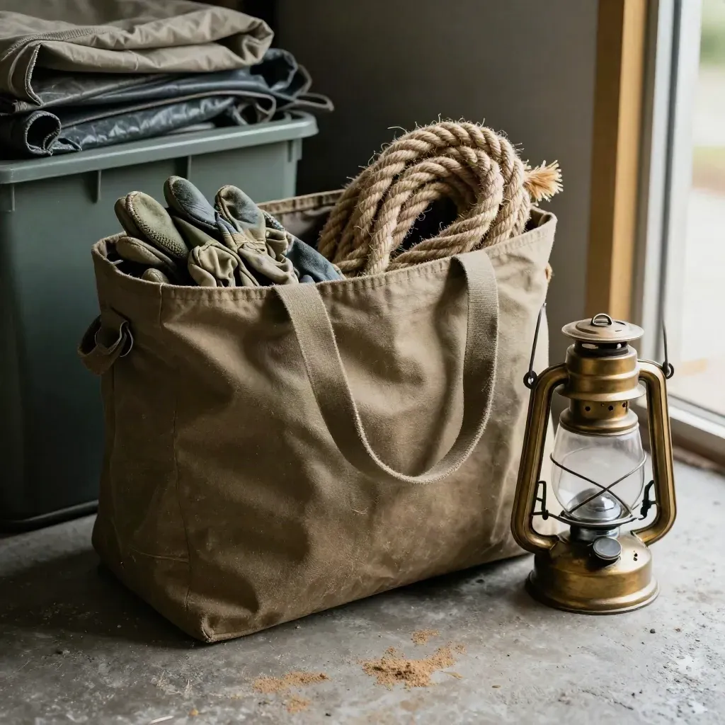 Canvas tote, gloves, rope coil and lantern on a volunteer service-day packing floor.