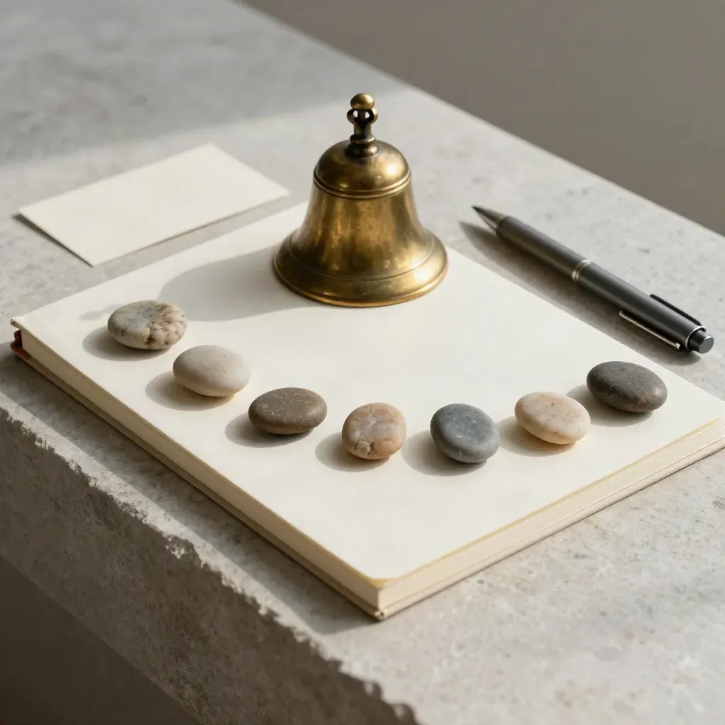 Brass bell, notebook, pebble markers and pen on a stone ledge in soft morning light.
