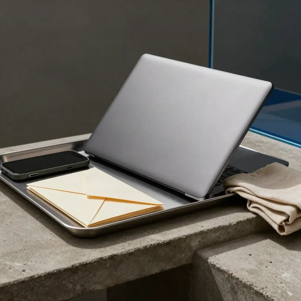 Closed laptop, phone, mail tray, and sealed envelopes on a concrete shelf