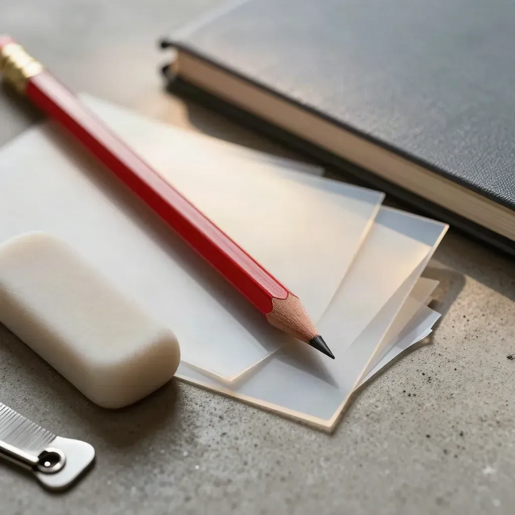 Red pencil, eraser, acetate sheets and a clip beside a closed notebook on concrete.
