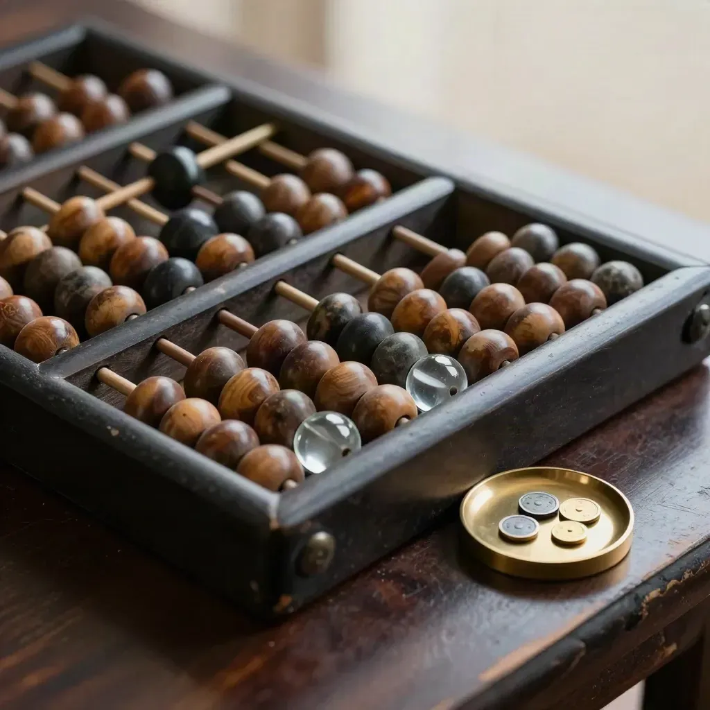 Overhead still life of an abacus, glass counters, and brass tokens on dark walnut.