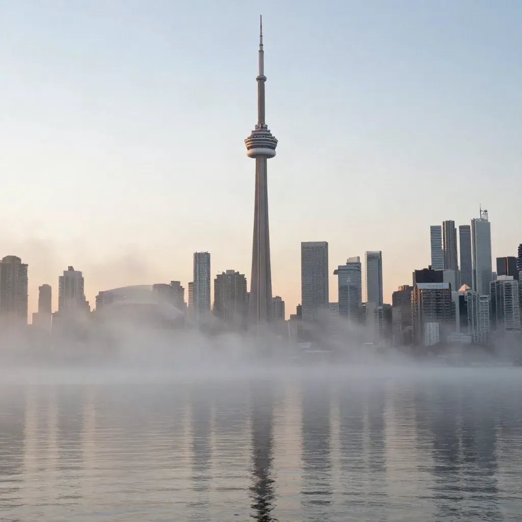 GTA skyline at dawn with CN Tower above misty water and sunrise haze
